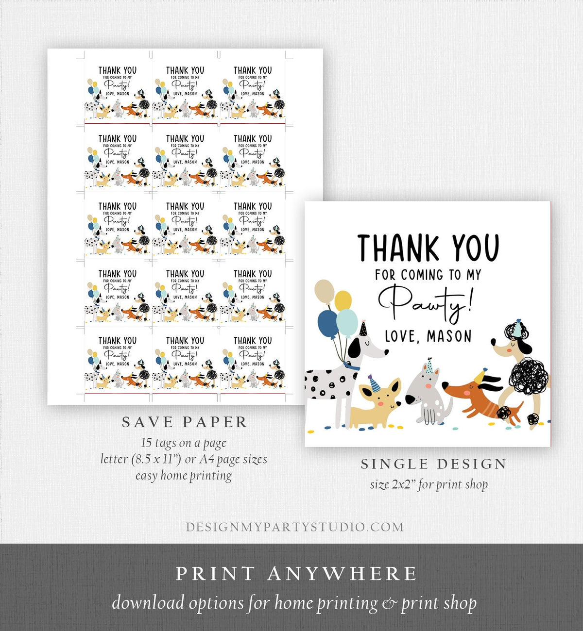 Editable Dog Favor Tag Puppy Dog Birthday Thank You Tag Boy Blue Puppies Pup Pet Animal Dog Stickers Digital Template Printable 0429