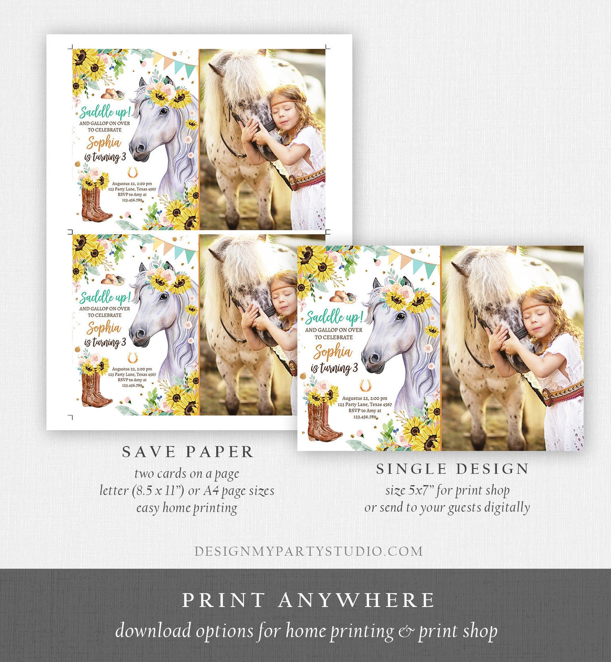 Editable Cowgirl Birthday Invitation Girl Saddle Up Watercolor Horse Party Horse Birthday Sunflowers Digital Evite Template Printable 0408