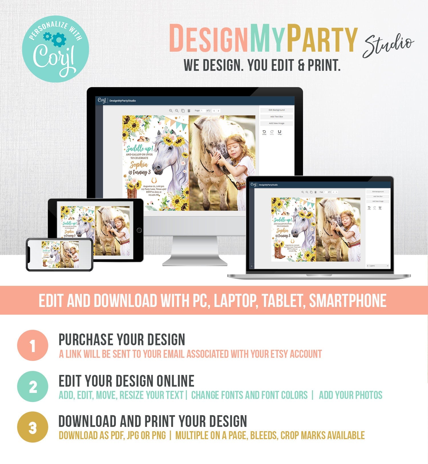 Editable Cowgirl Birthday Invitation Girl Saddle Up Watercolor Horse Party Horse Birthday Sunflowers Digital Evite Template Printable 0408