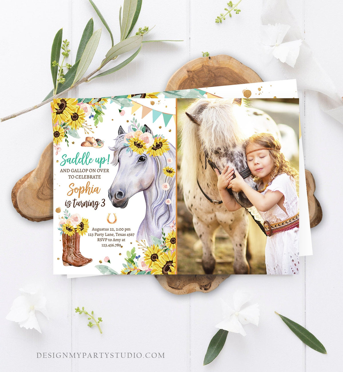 Editable Cowgirl Birthday Invitation Girl Saddle Up Watercolor Horse Party Horse Birthday Sunflowers Digital Evite Template Printable 0408
