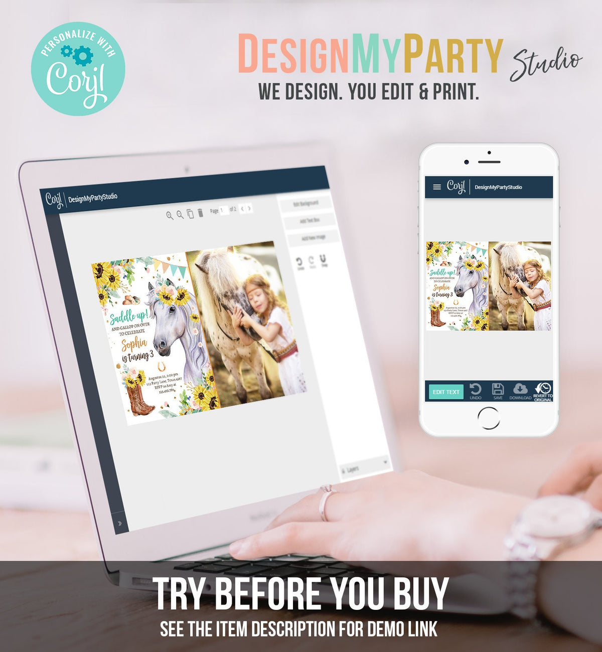 Editable Cowgirl Birthday Invitation Girl Saddle Up Watercolor Horse Party Horse Birthday Sunflowers Digital Evite Template Printable 0408