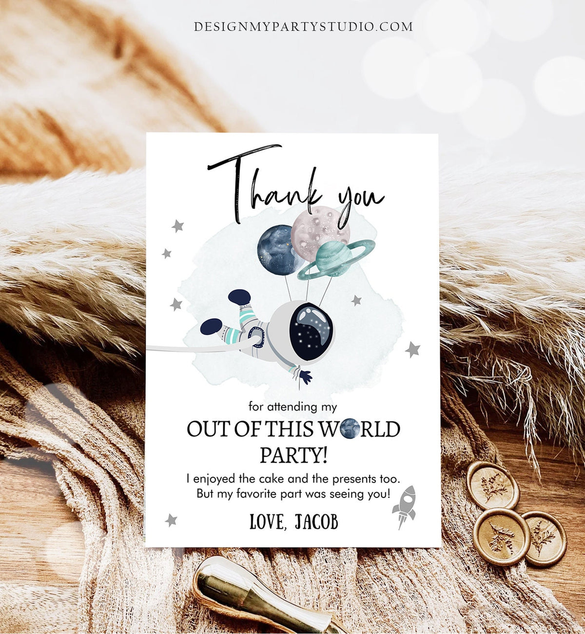 Editable Space Birthday Thank You Card Space Astronaut Thank You Note Planets Boy Blue Digital Download Template Printable 0366
