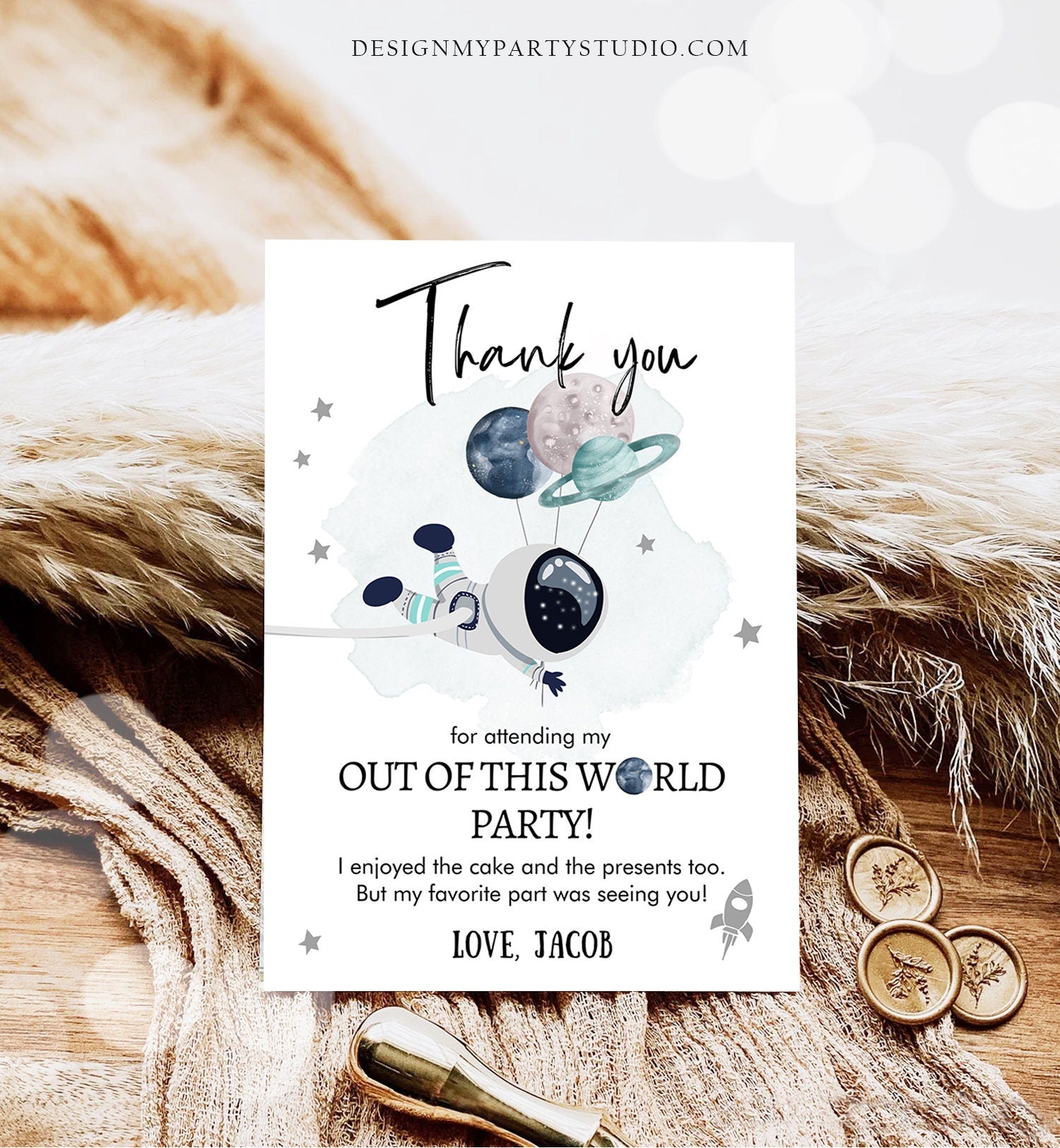 Editable Space Birthday Thank You Card Space Astronaut Thank You Note Planets Boy Blue Digital Download Template Printable 0366