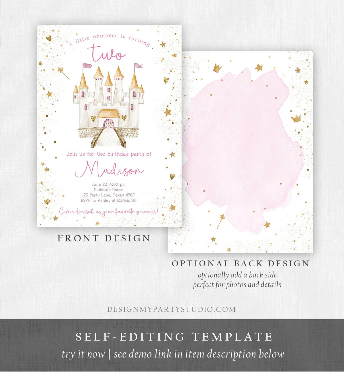 Editable Princess Castle Second Birthday Invitation Once Upon a Time Princess Royal Girl Magical Celebration Digital Template Printable 0477