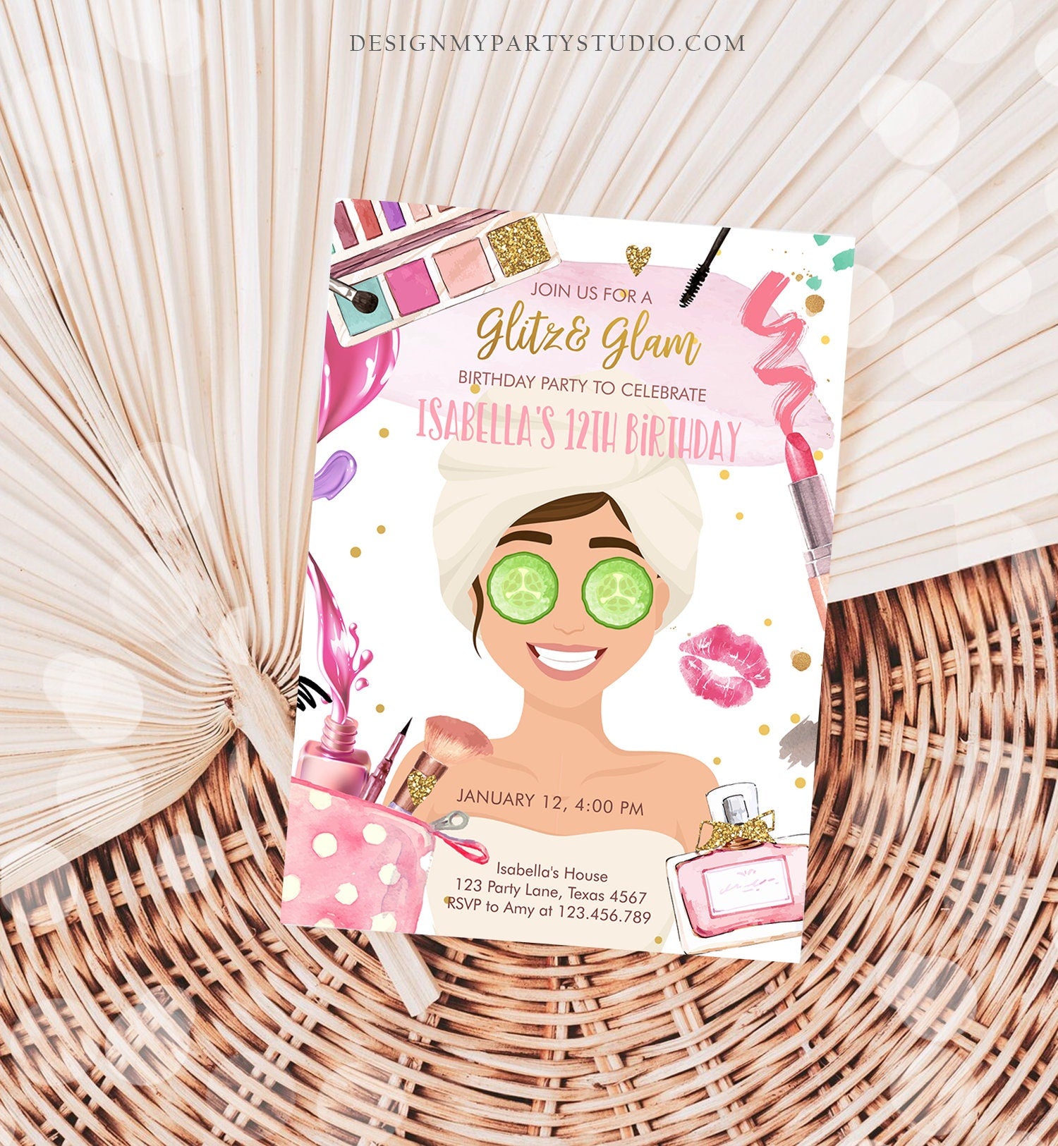 Editable Glitz and Glam Birthday Party Invitation Spa Party Makeup Birthday Invitation Pink Gold Girl Download Evite Template Printable 0420