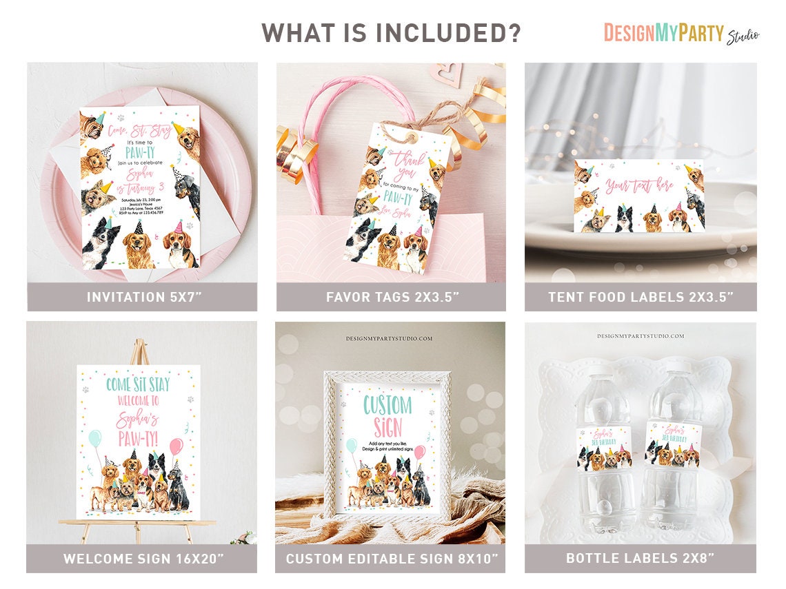 Dog Birthday Invitation Bundle Dogs Puppy Party Invite Birthday Come Sit Stay Girl 1st Birthday Digital Download Template Printable 0384
