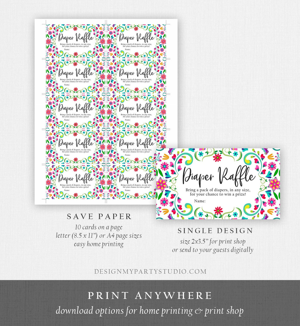 Editable Diaper Raffle Ticket Floral Fiesta Baby Shower Diaper Game Succulent Diaper Ticket Flowers Game Corjl Template Printable 0466