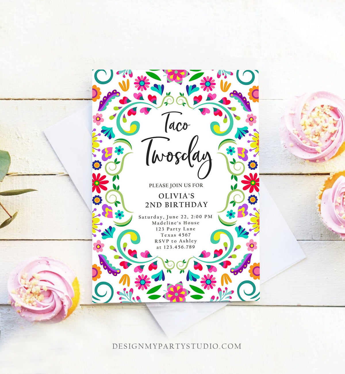 Editable Taco Twosday Fiesta Birthday Invitation Second Birthday 2nd Floral Mexican Tacos Girl Cactus Download Corjl Template Printable 0466