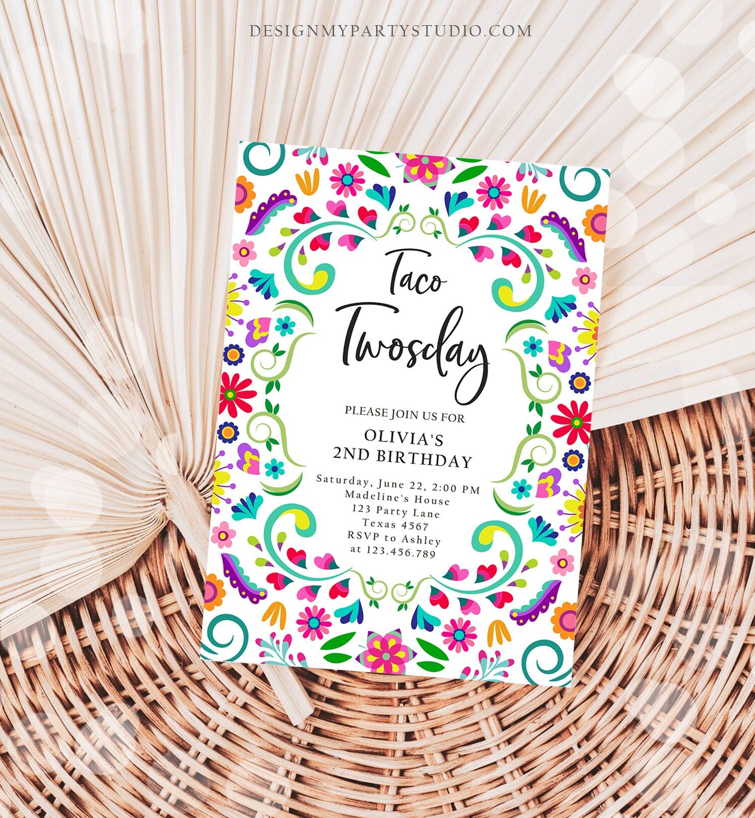 Editable Taco Twosday Fiesta Birthday Invitation Second Birthday 2nd Floral Mexican Tacos Girl Cactus Download Corjl Template Printable 0466