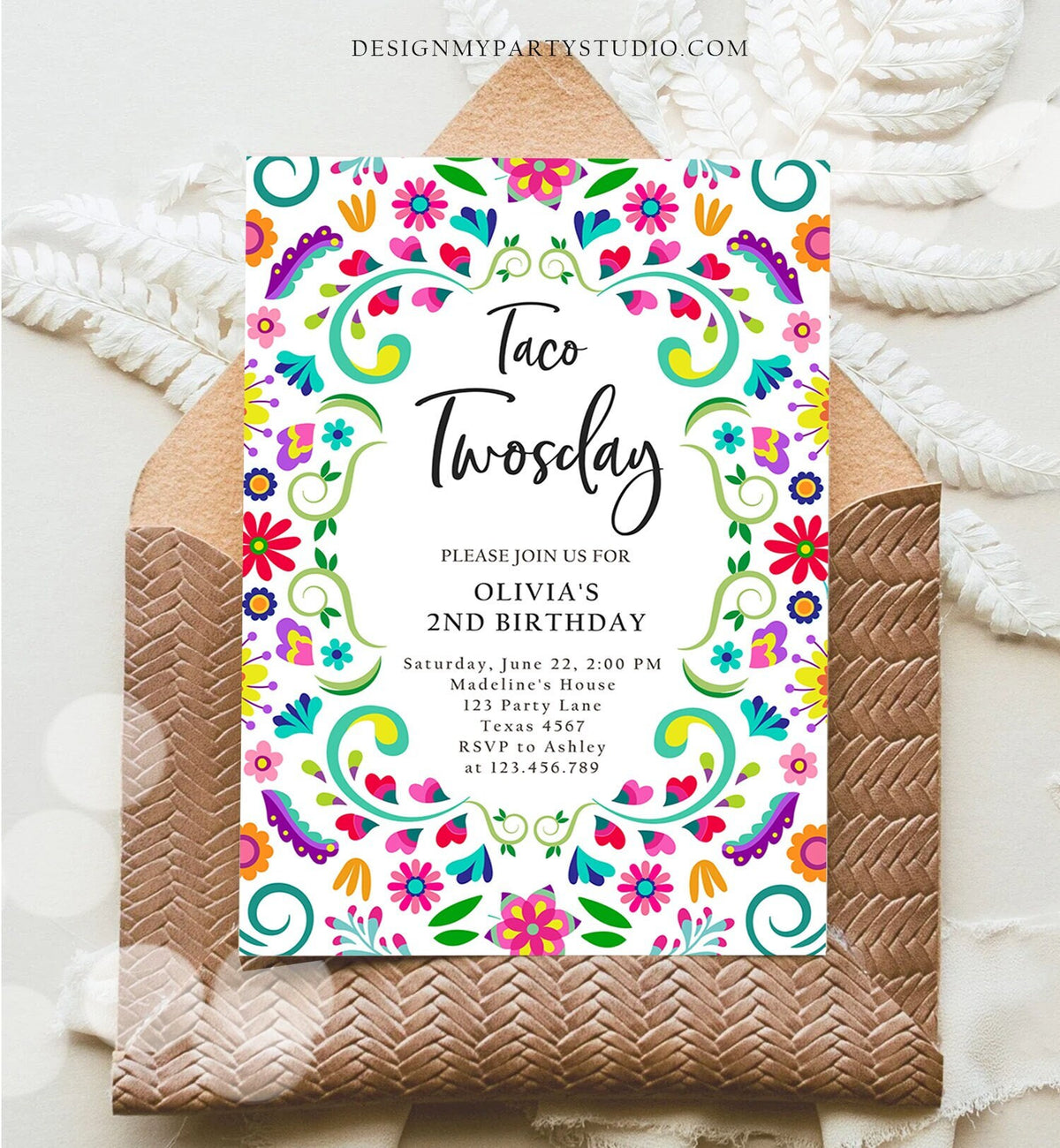 Editable Taco Twosday Fiesta Birthday Invitation Second Birthday 2nd Floral Mexican Tacos Girl Cactus Download Corjl Template Printable 0466