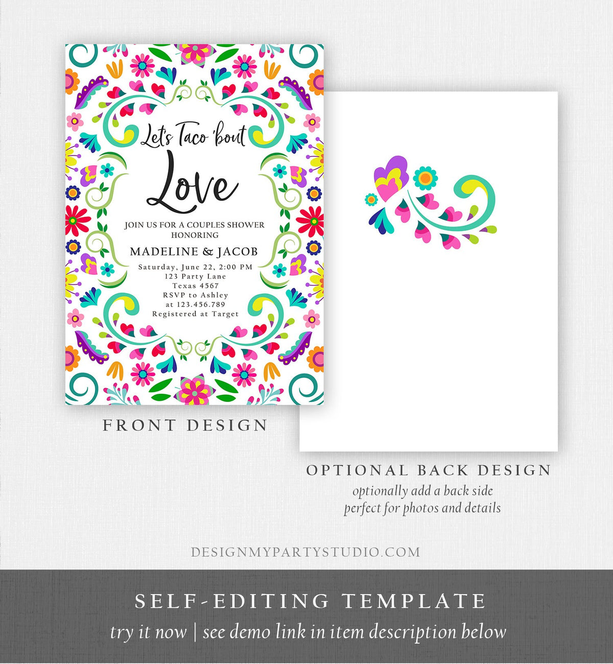 Editable Let&#39;s Taco Bout Love Invitation Couples Shower Fiesta Bridal Shower Floral Fiesta Wedding Engagement Template Corjl Printable 0466