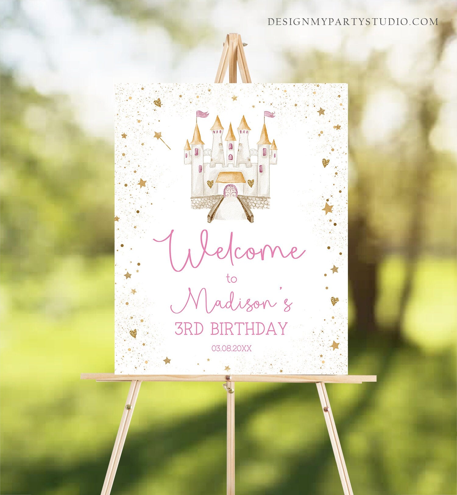 Editable Princess Castle Birthday Welcome Sign Girl Princess Welcome Royal Dress-up Party Costume Pink Gold Digital Template Printable 0477