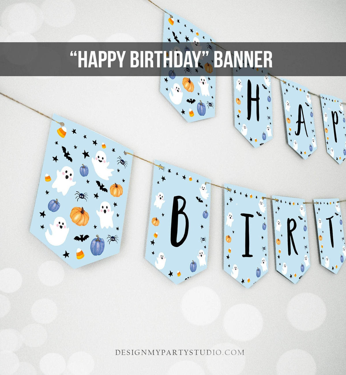 Happy Birthday Banner Halloween Birthday Banner Blue Ghost Birthday Party Halloween Decor Boy 1st Digital Download Printable 0418