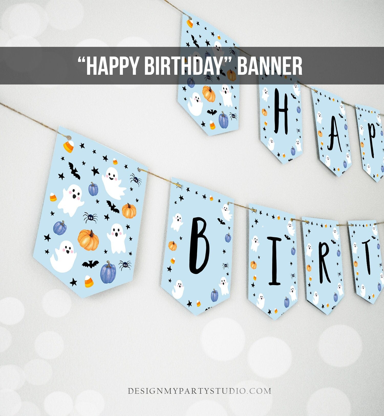 Happy Birthday Banner Halloween Birthday Banner Blue Ghost Birthday Party Halloween Decor Boy 1st Digital Download Printable 0418