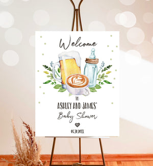 Editable A Baby is Brewing Welcome Sign Brewing Baby Shower Bottle and Beers Coed Couples Cappuccino Coffee Neutral Corjl Template 0190