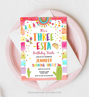 Editable Three-Esta Fiesta Birthday Invitation Third Birthday 3rd Cactus Mexican Boy Girl Cactus Download Corjl Template Printable 0134
