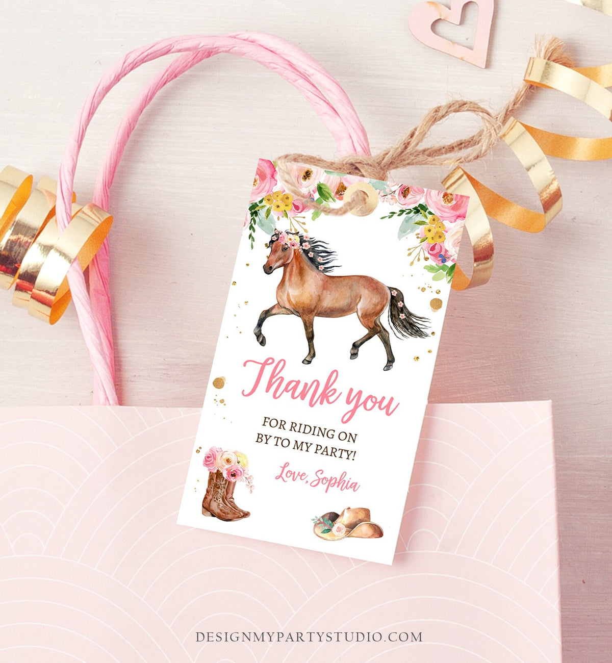 Editable Cowgirl Favor Tags Tags Horse Birthday Party Favor Thank you Tags Girl Horse Party Floral Download Template PRINTABLE Corjl 0408