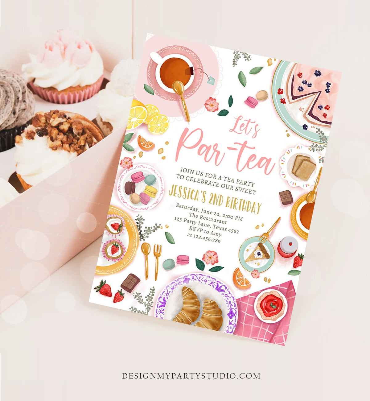 Editable Tea Party Birthday Invitation Girl Par-Tea Floral Pink Gold Whimsical Tea Digital Download Evite Template Printable 0478