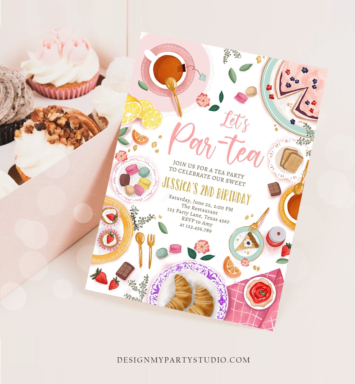Editable Tea Party Birthday Invitation Girl Par-Tea Floral Pink Gold Whimsical Tea Digital Download Evite Template Printable 0478