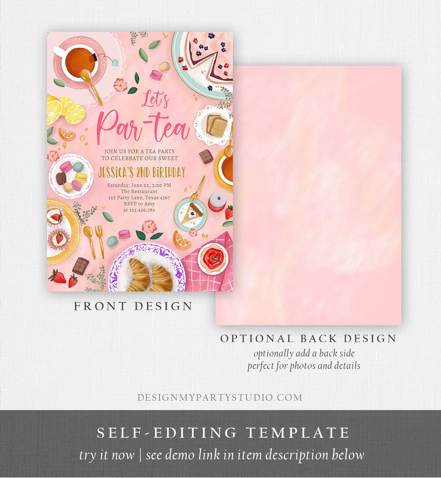 Editable Tea Party Birthday Invitation Girl Par-Tea Invite Floral Pink Gold Whimsical Tea Download Printable Template Corjl Digital 0478