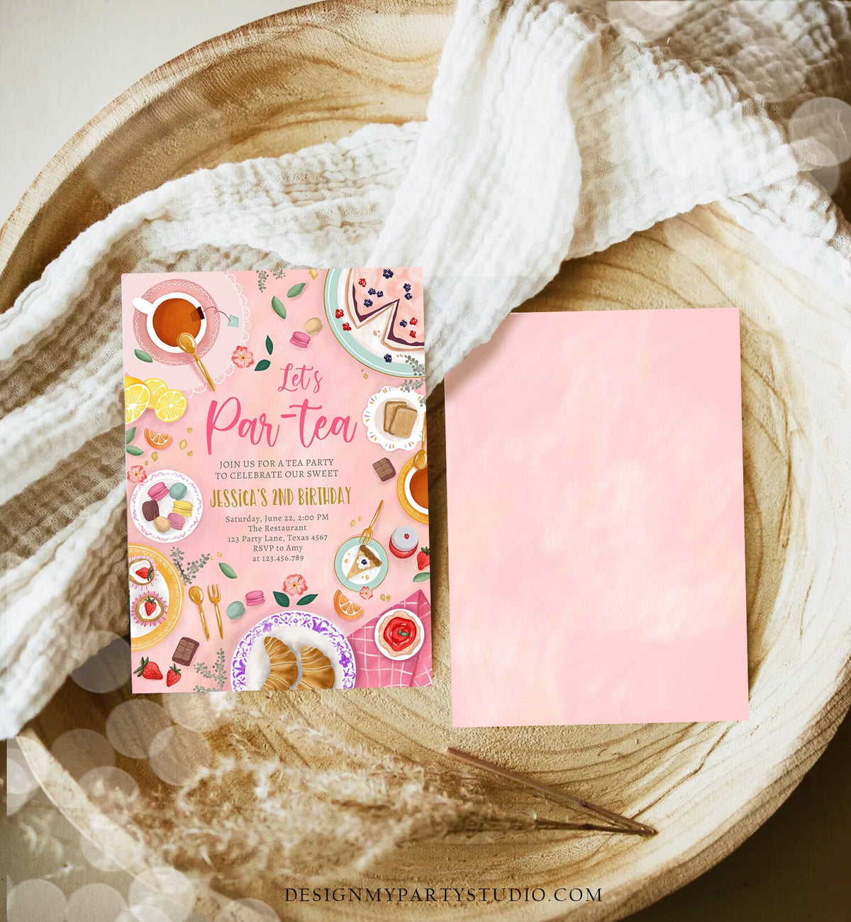 Editable Tea Party Birthday Invitation Girl Par-Tea Invite Floral Pink Gold Whimsical Tea Download Printable Template Corjl Digital 0478