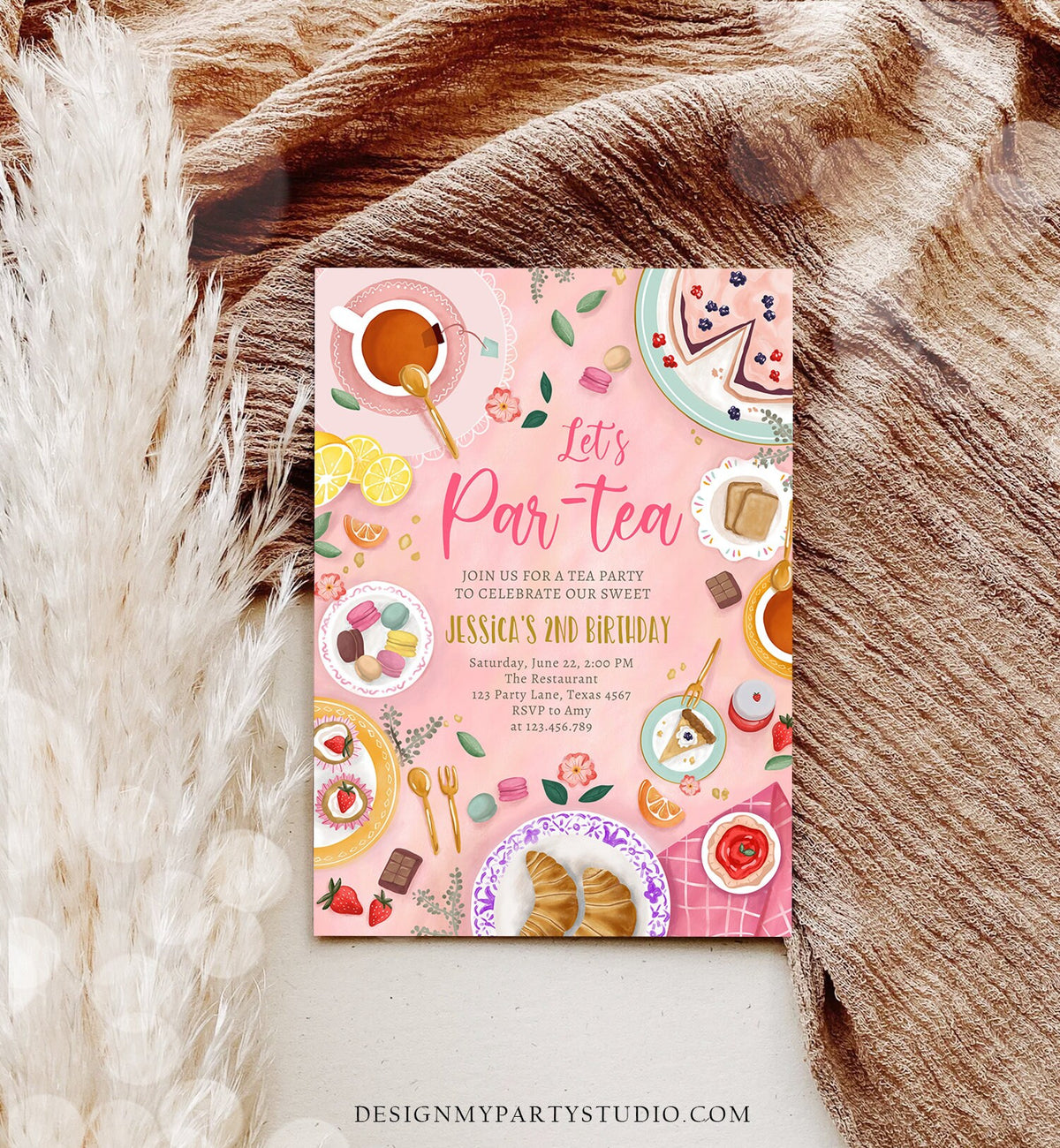Editable Tea Party Birthday Invitation Girl Par-Tea Invite Floral Pink Gold Whimsical Tea Download Printable Template Corjl Digital 0478