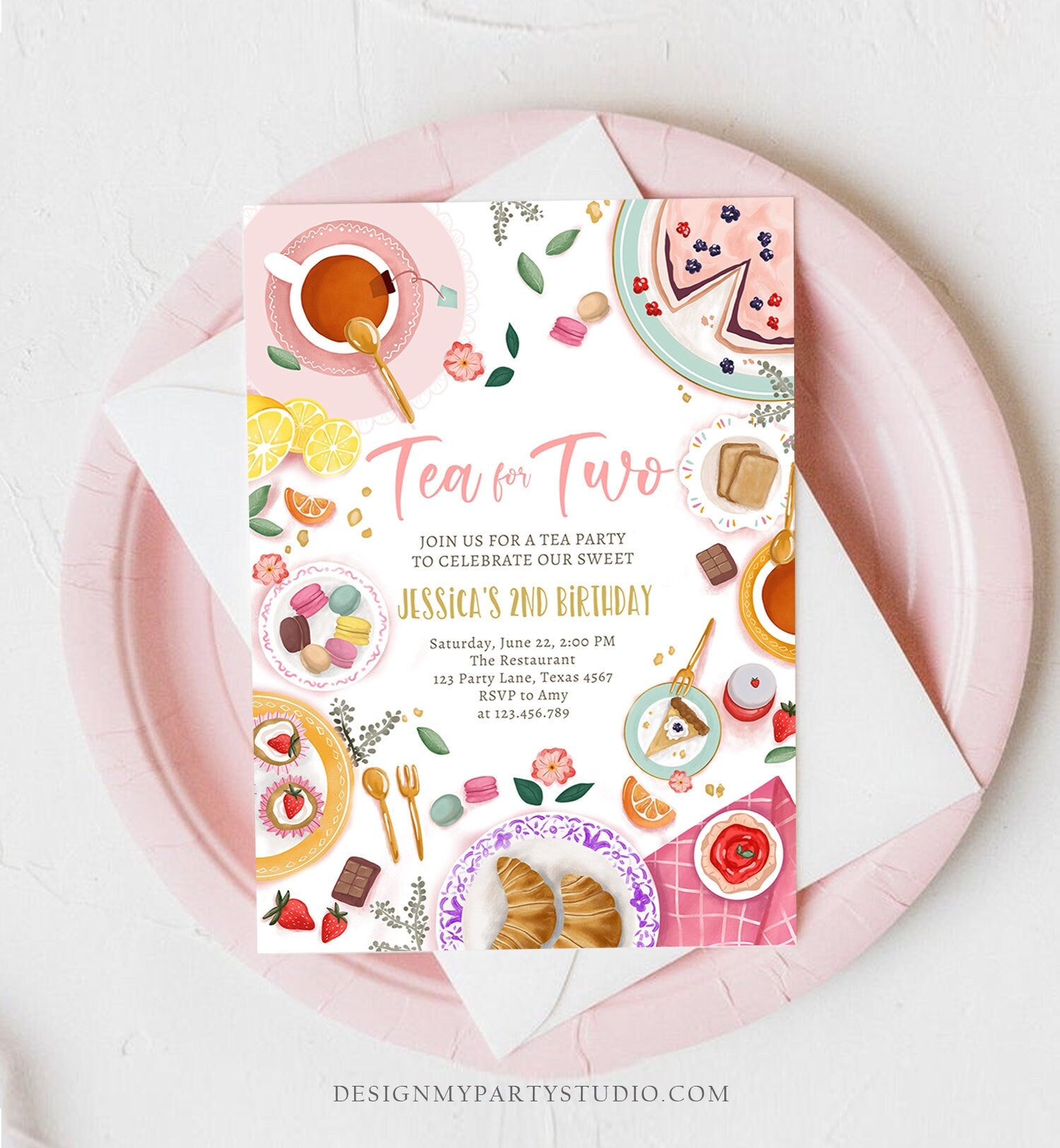 Editable Tea for Two Birthday Invitation Girl Tea Party Invite Pink Gold Floral Peach Pink Download Printable Template Corjl Digital 0478