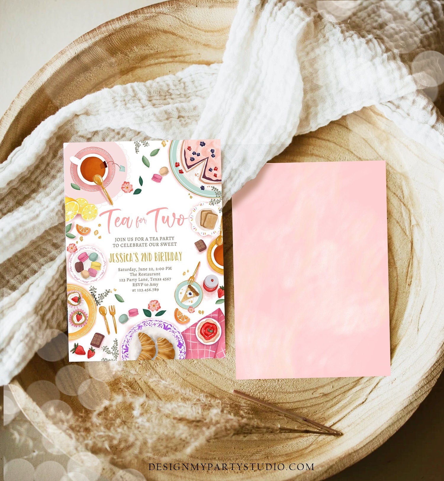 Editable Tea for Two Birthday Invitation Girl Tea Party Invite Pink Gold Floral Peach Pink Download Printable Template Corjl Digital 0478