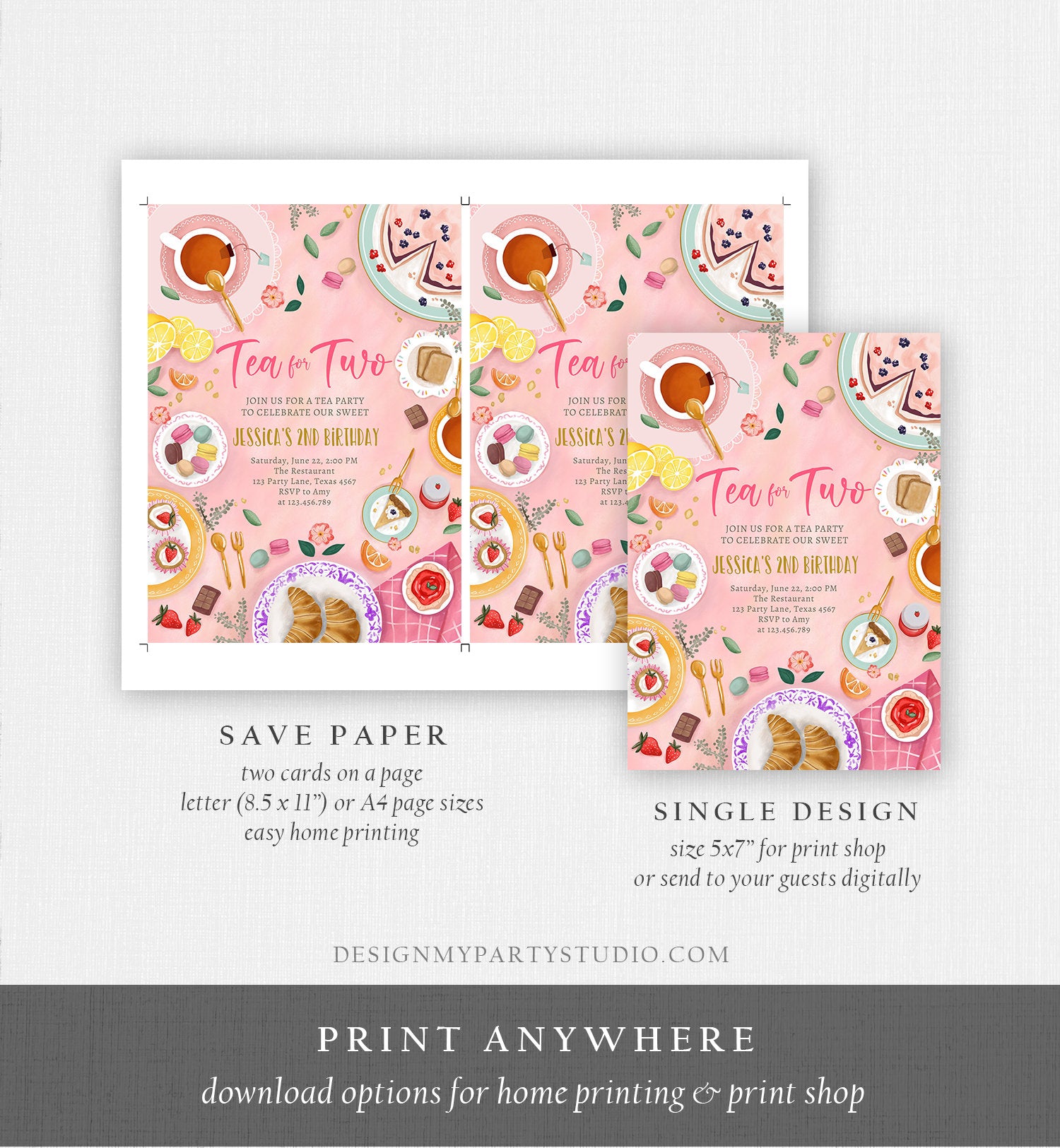 Editable Tea for Two Birthday Invitation Girl Tea Party Invite Pink Gold Floral Peach Pink Download Printable Template Corjl Digital 0478