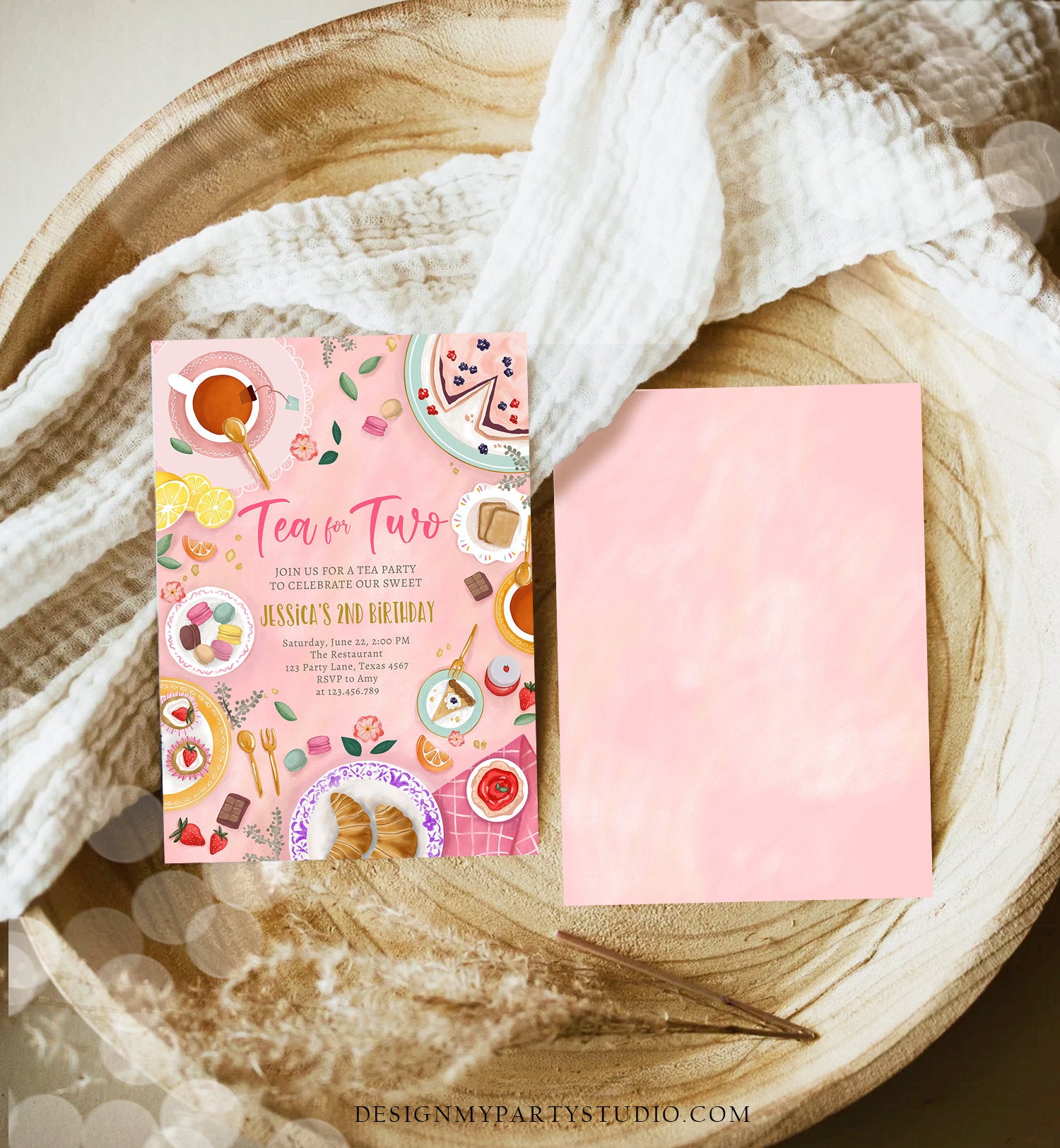 Editable Tea for Two Birthday Invitation Girl Tea Party Invite Pink Gold Floral Peach Pink Download Printable Template Corjl Digital 0478