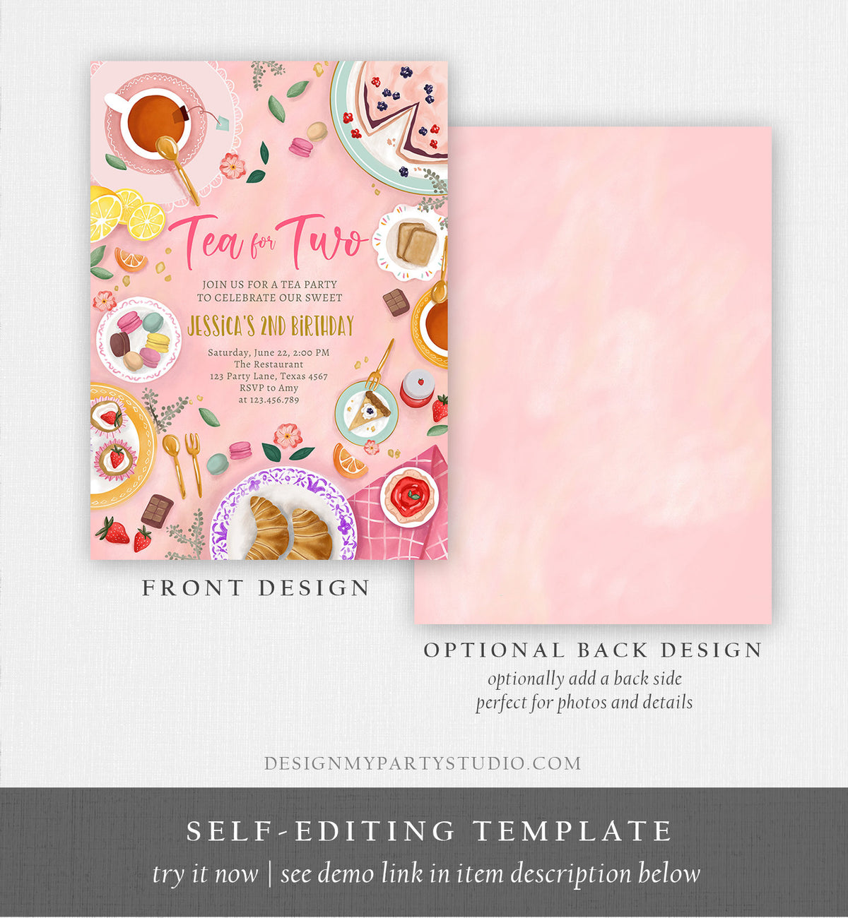Editable Tea for Two Birthday Invitation Girl Tea Party Invite Pink Gold Floral Peach Pink Download Printable Template Corjl Digital 0478