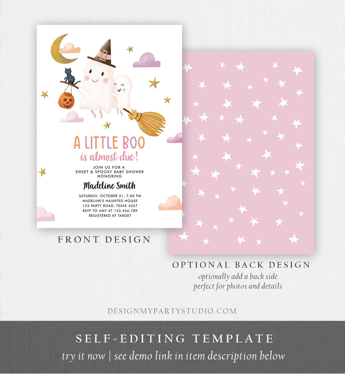 Editable Little Boo Baby Shower Invitation Cute Halloween Baby Boo Almost Due Couples Shower Pink Ghost Girl Template Printable 0479 0009