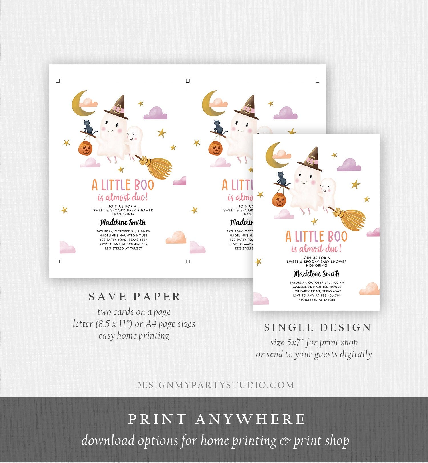 Editable Little Boo Baby Shower Invitation Cute Halloween Baby Boo Almost Due Couples Shower Pink Ghost Girl Template Printable 0479 0009