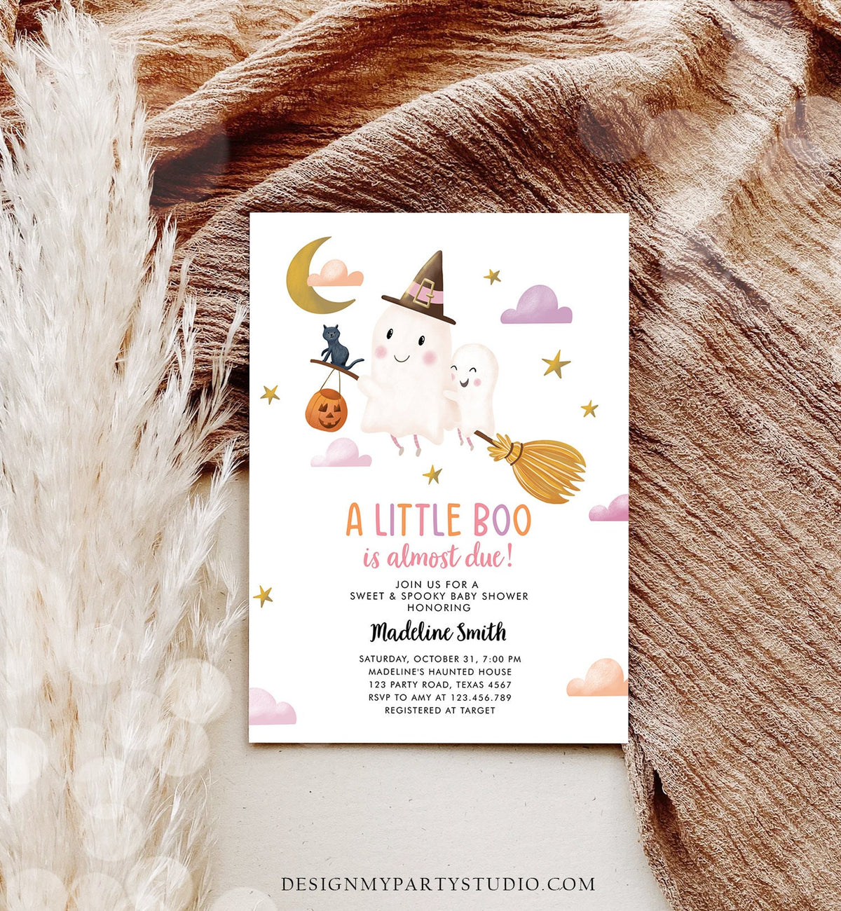 Editable Little Boo Baby Shower Invitation Cute Halloween Baby Boo Almost Due Couples Shower Pink Ghost Girl Template Printable 0479 0009