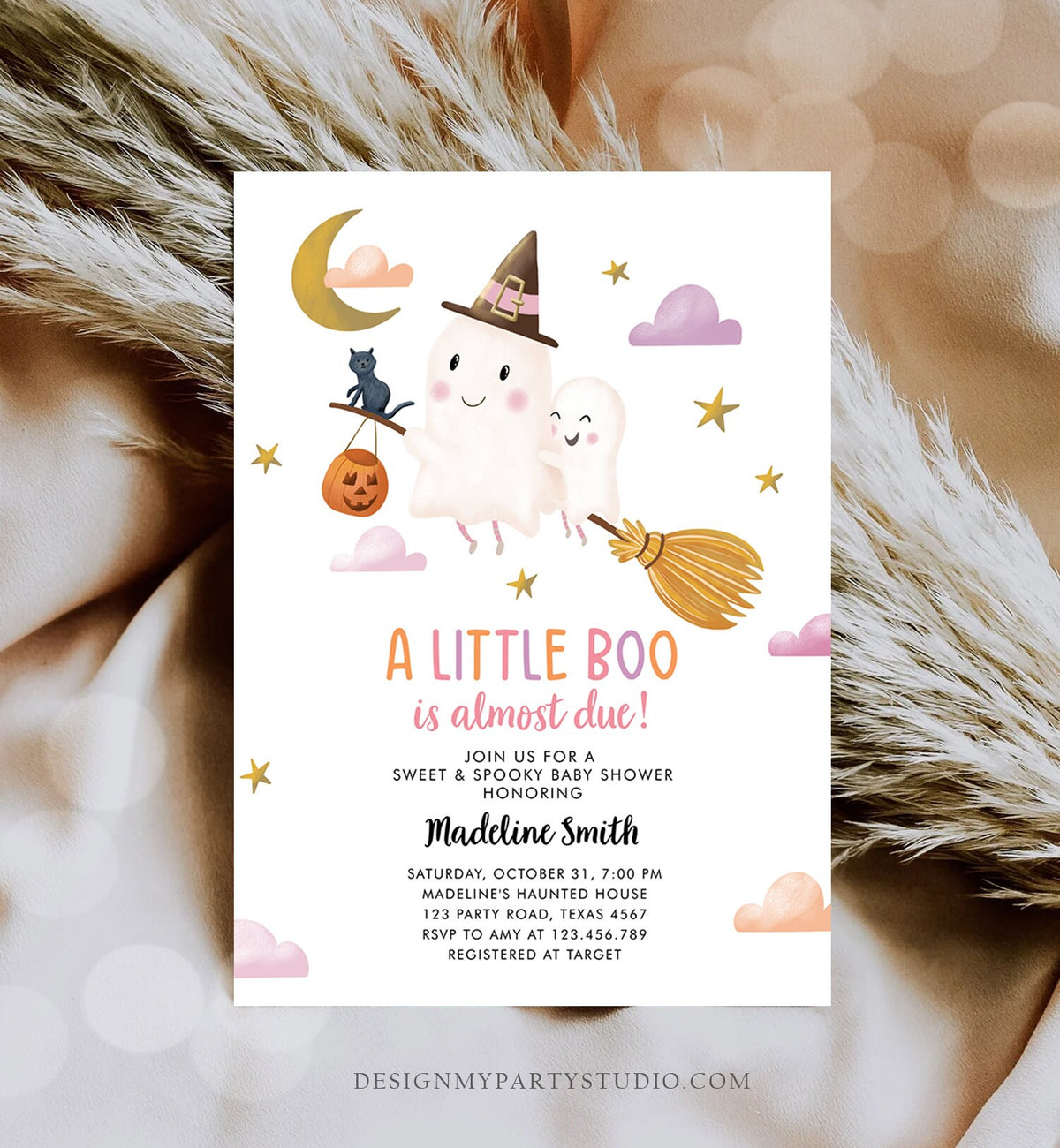 Editable Little Boo Baby Shower Invitation Cute Halloween Baby Boo Almost Due Couples Shower Pink Ghost Girl Template Printable 0479 0009