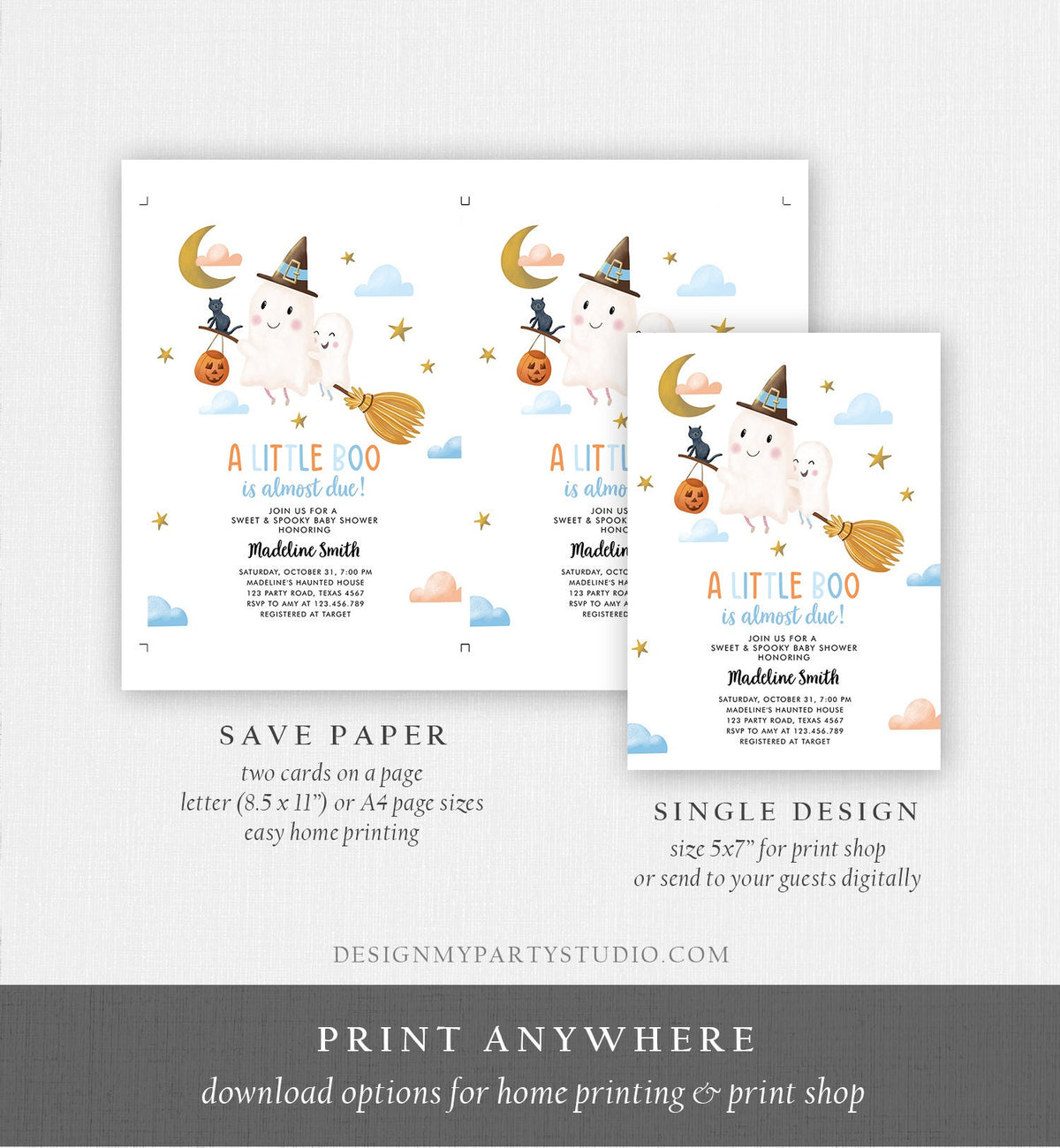 Editable Little Boo Baby Shower Invitation Cute Halloween Baby Boo Almost Due Couples Shower Blue Ghost Boy Digital Template Printable 0479