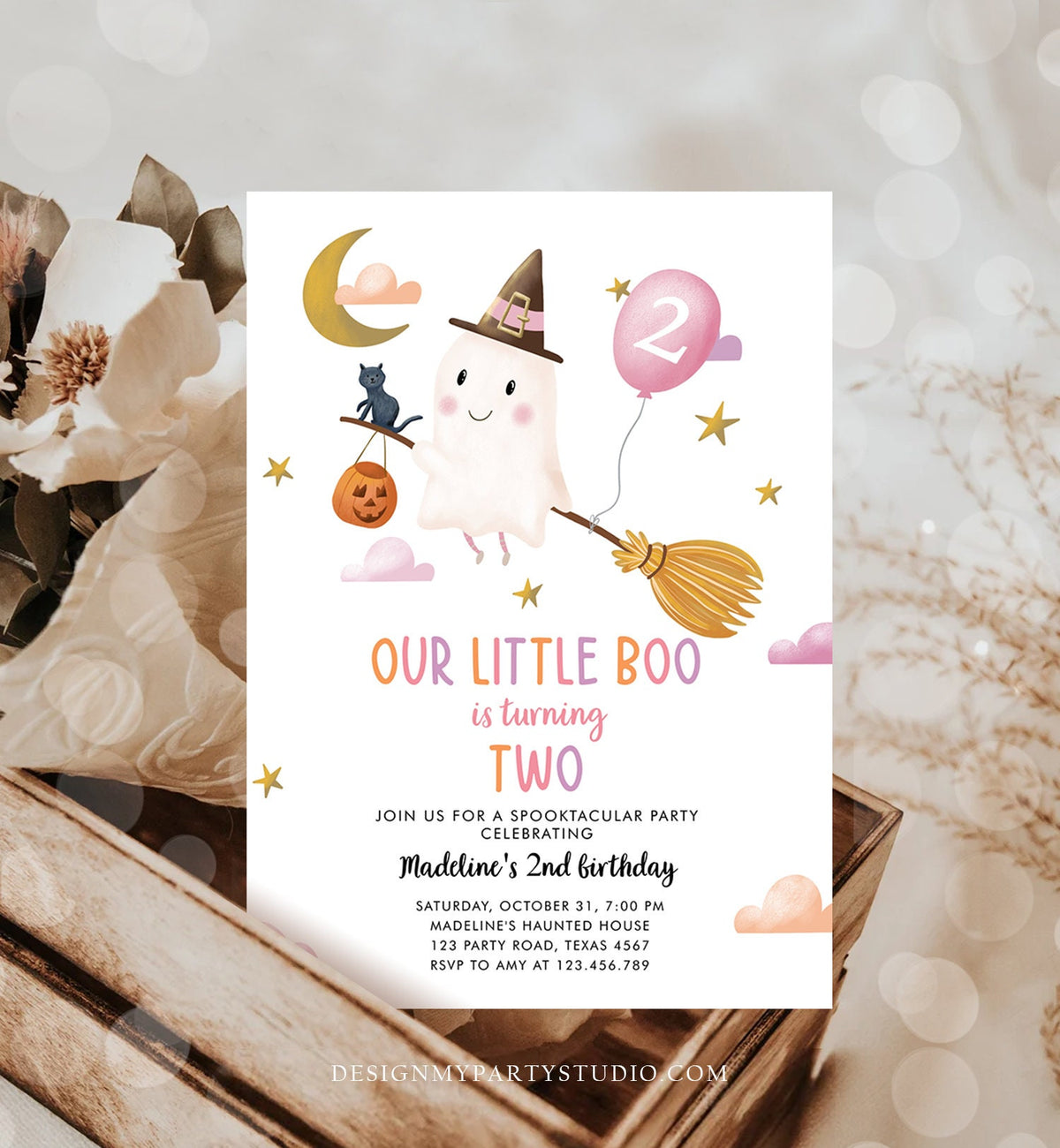 Editable Halloween 2nd Birthday Invitation Pink Ghost Costume Party Girl Pink Boo Spooktacular Spooky Download Template Printable 0479 0009