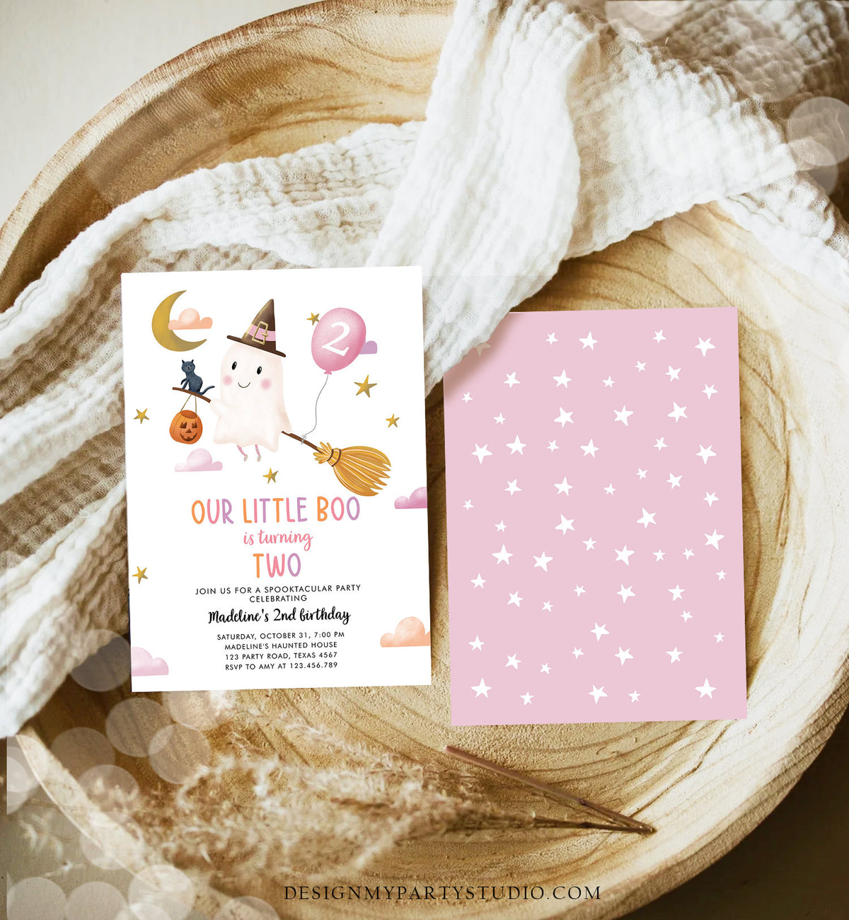 Editable Halloween 2nd Birthday Invitation Pink Ghost Costume Party Girl Pink Boo Spooktacular Spooky Download Template Printable 0479 0009