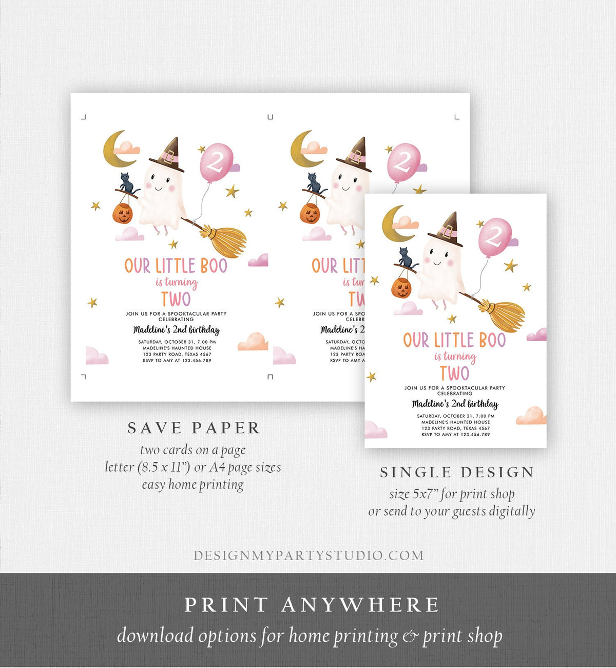Editable Halloween 2nd Birthday Invitation Pink Ghost Costume Party Girl Pink Boo Spooktacular Spooky Download Template Printable 0479 0009