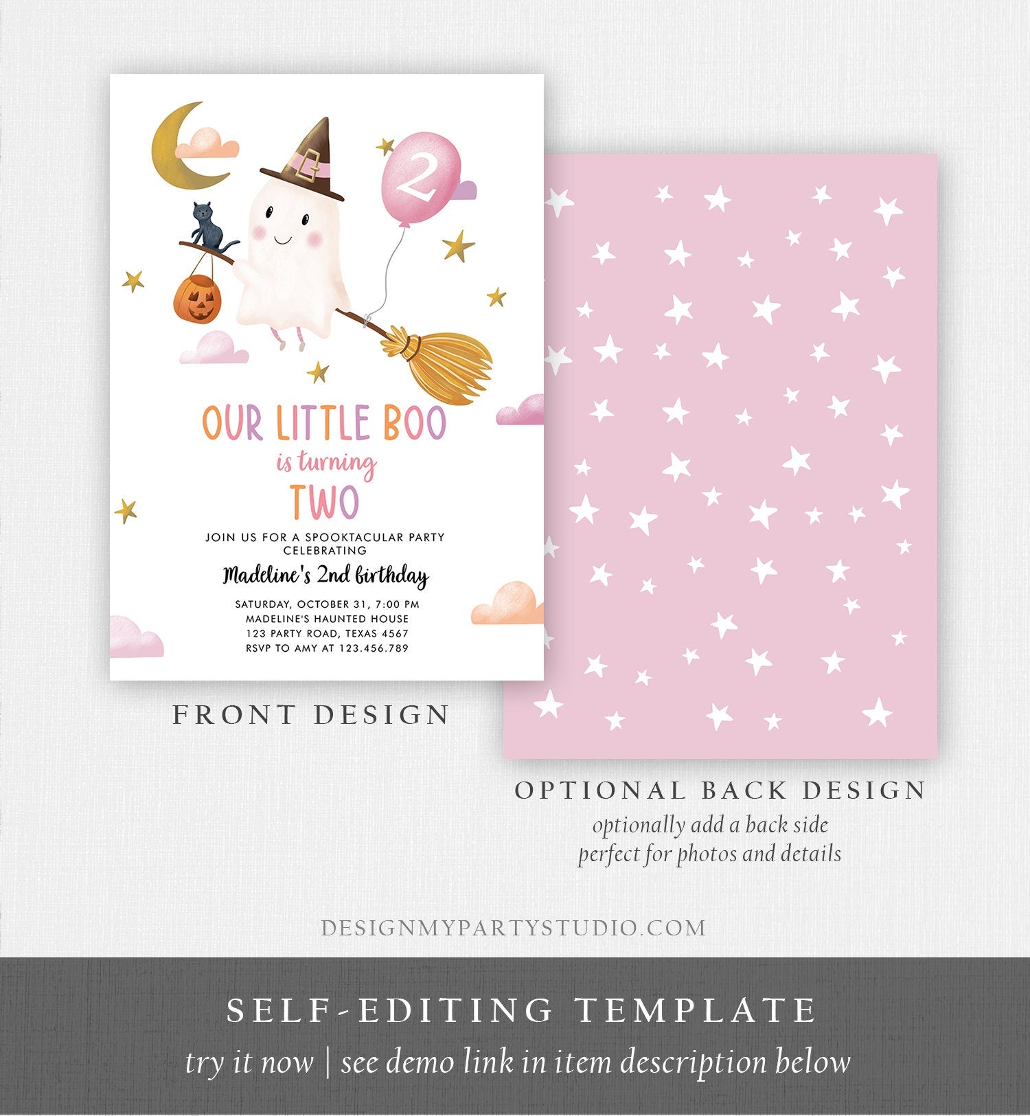 Editable Halloween 2nd Birthday Invitation Pink Ghost Costume Party Girl Pink Boo Spooktacular Spooky Download Template Printable 0479 0009