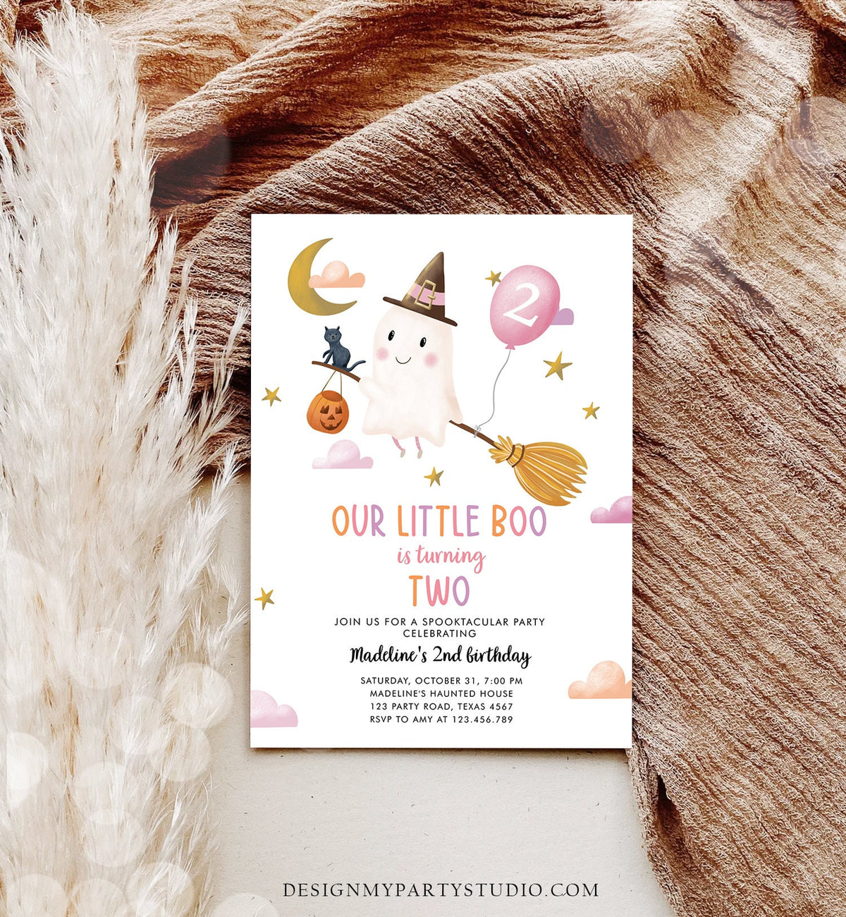 Editable Halloween 2nd Birthday Invitation Pink Ghost Costume Party Girl Pink Boo Spooktacular Spooky Download Template Printable 0479 0009
