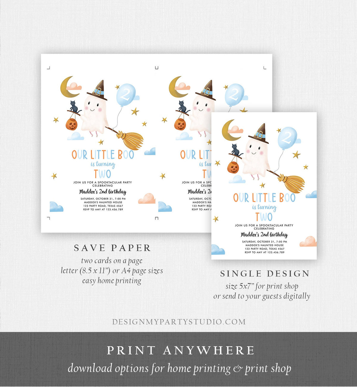 Editable Halloween 2nd Birthday Invitation Pink Ghost Costume Party Girl Pink Boo Spooktacular Spooky Digital Template Printable 0479 0009