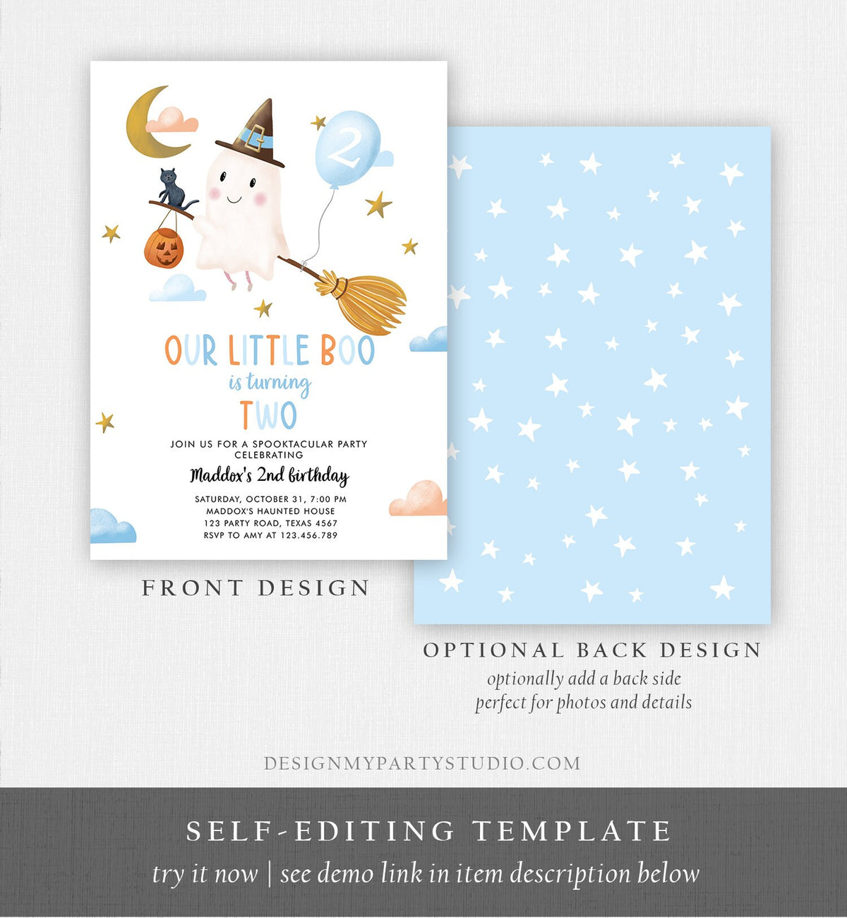 Editable Halloween 2nd Birthday Invitation Pink Ghost Costume Party Girl Pink Boo Spooktacular Spooky Digital Template Printable 0479 0009