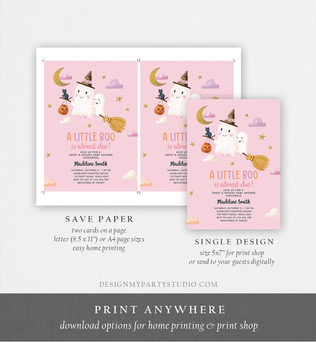 Editable Little Boo Baby Shower Invitation Cute Halloween Baby Boo Almost Due Couples Shower Pink Ghost Girl Template Printable 0479 0009