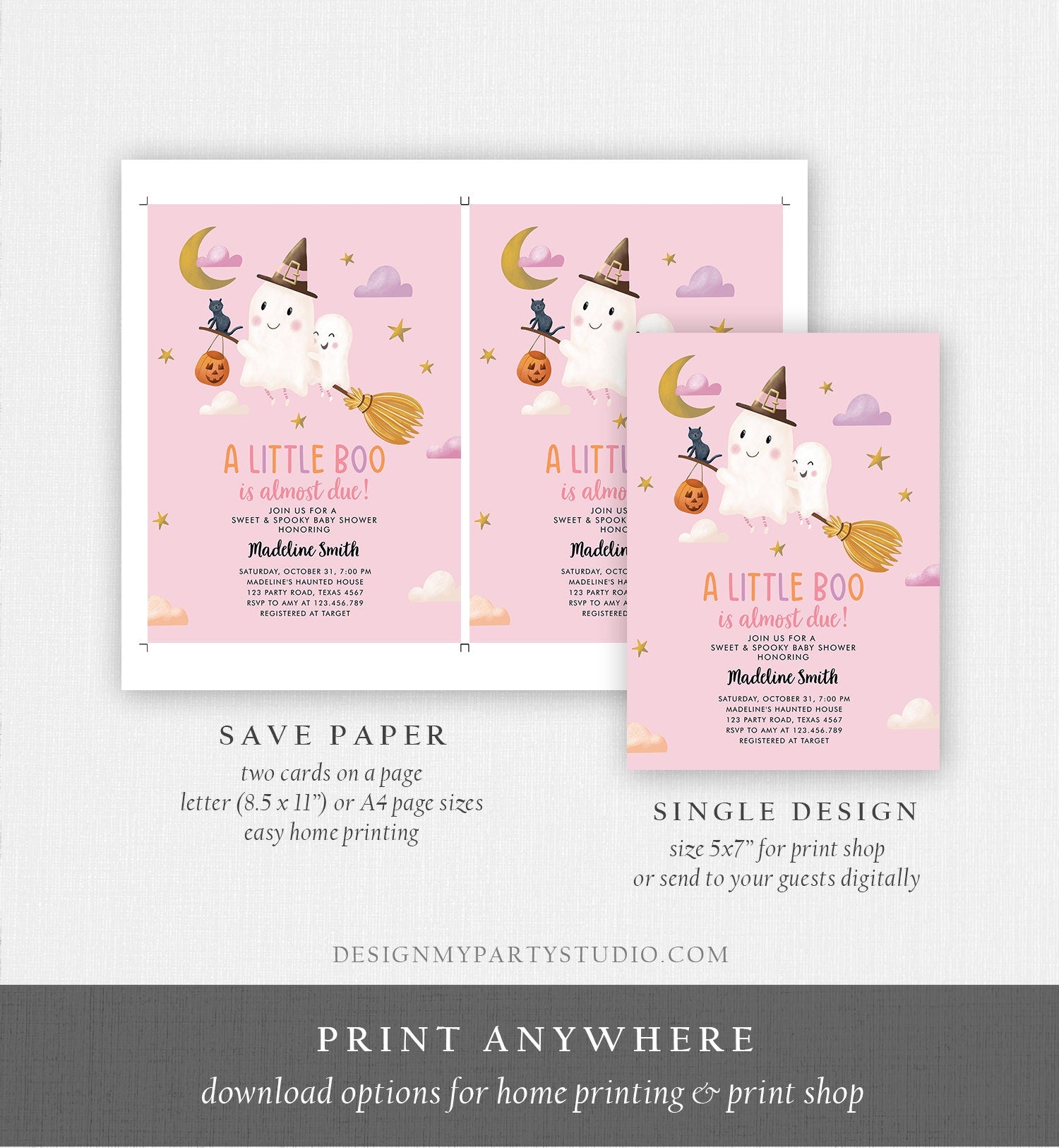 Editable Little Boo Baby Shower Invitation Cute Halloween Baby Boo Almost Due Couples Shower Pink Ghost Girl Template Printable 0479 0009