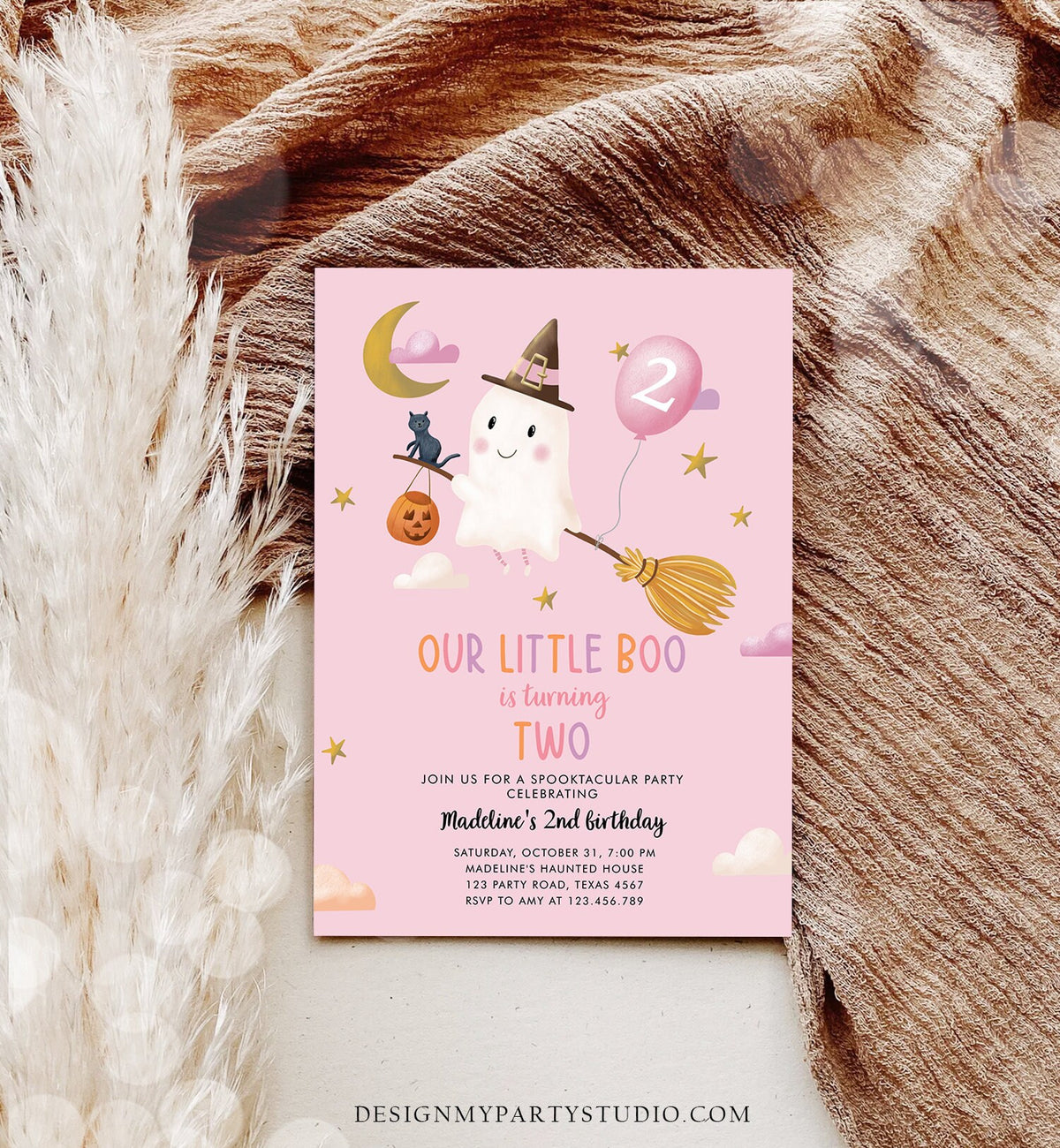 Editable Ghost Halloween 2nd Birthday Invitation Pink Costume Party Girl Pink Boo Spooktacular Spooky Download Template Printable 0479 0009