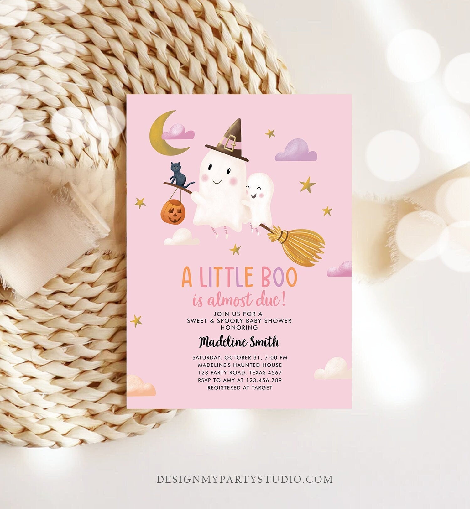 Editable Little Boo Baby Shower Invitation Cute Halloween Baby Boo Almost Due Couples Shower Pink Ghost Girl Template Printable 0479 0009