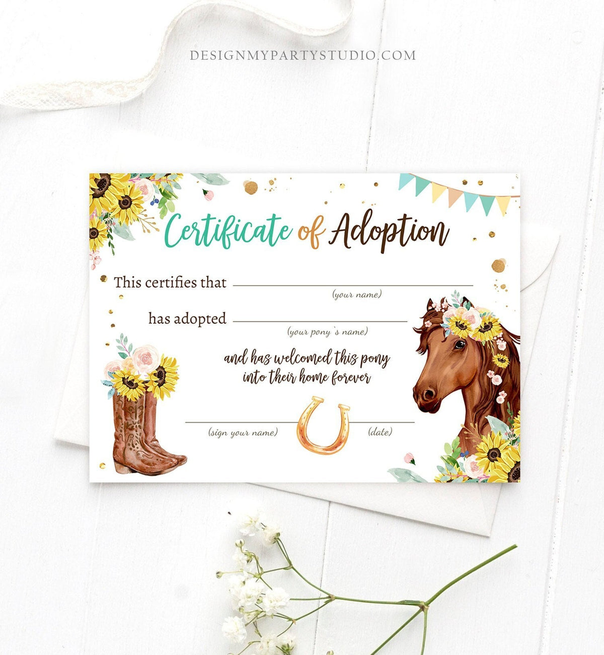 Adopt a Pony Adoption Certificate Horse Adoption Horse Birthday Party Pony Sunflowers Girl Horseback Riding Download Digital Printable 0408