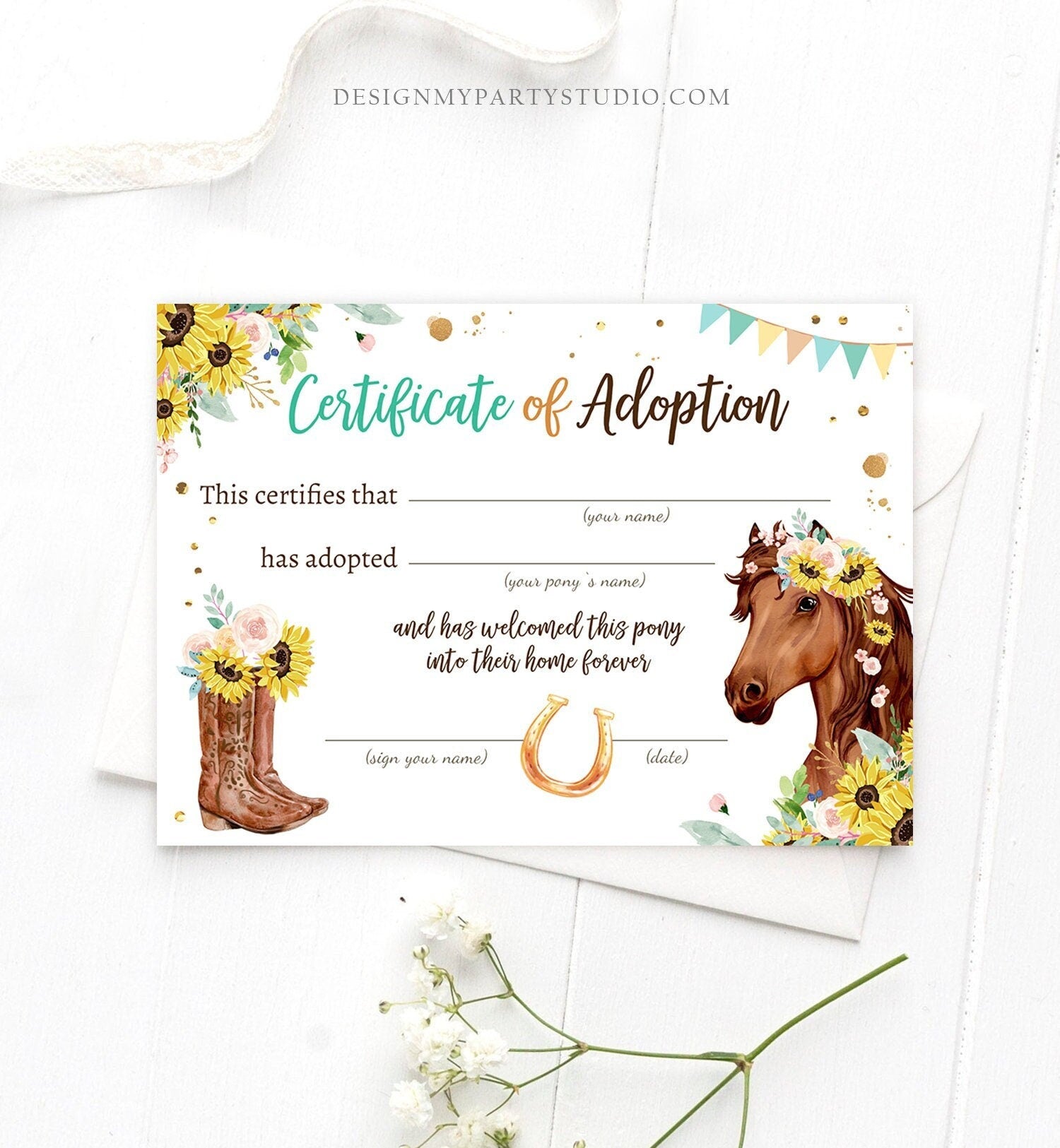 Adopt a Pony Adoption Certificate Horse Adoption Horse Birthday Party Pony Sunflowers Girl Horseback Riding Download Digital Printable 0408
