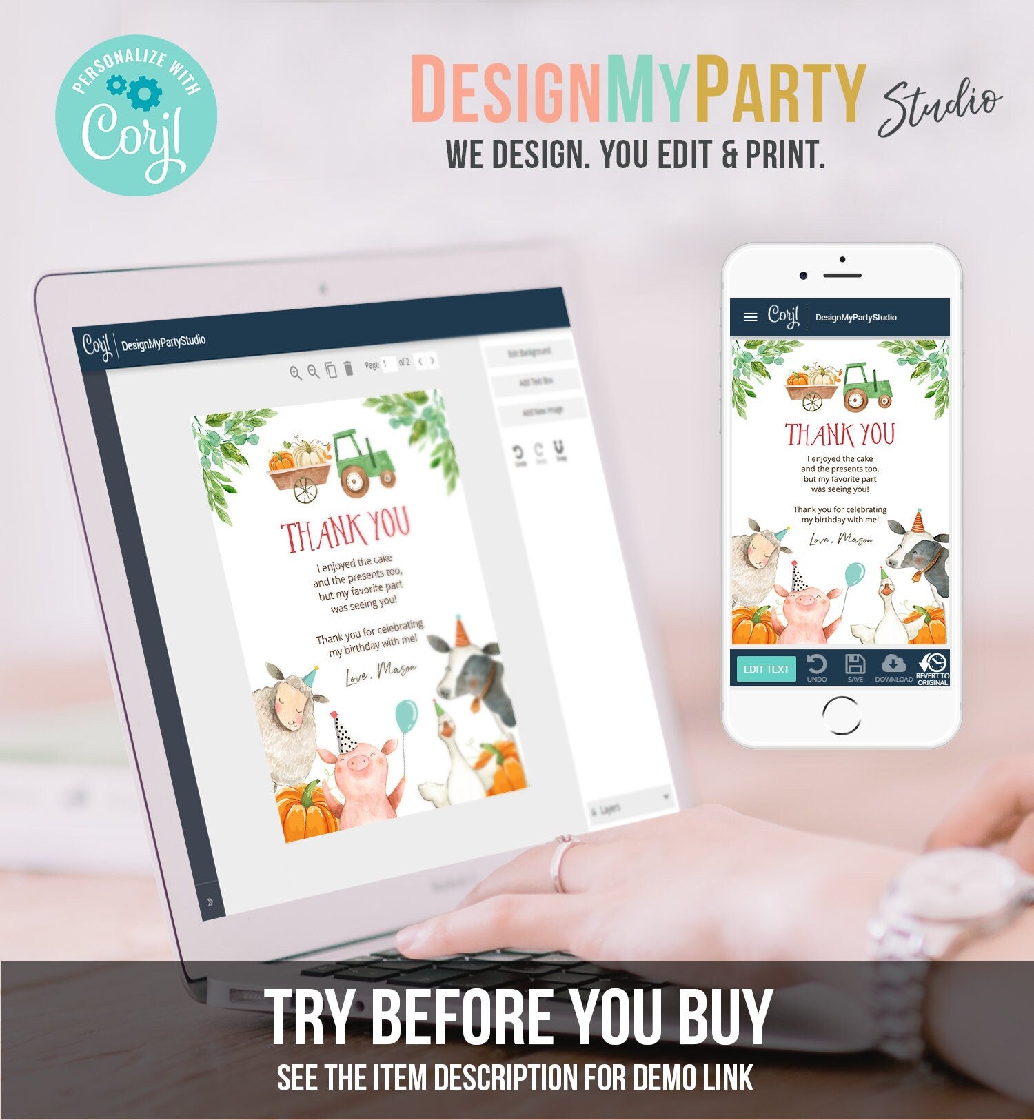 Editable Farm Animals Thank You Card Pumpkin Boy Green Tractor Farm Birthday Barnyard Thank You Fall Autumn Digital Template Printable 0155